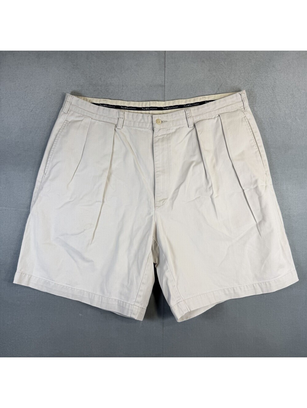 Vintage 90s Polo Ralph Lauren Tyler Shorts Mens 40 Cream Navy Pleated Chino 8.5" - Picture 1 of 7